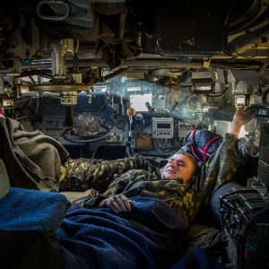 Ukrainian Army soldiers are resting inside an APC near Sloviansk,  Ukraine