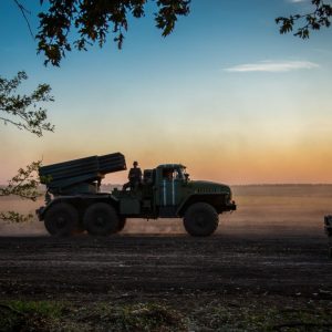 Grad MRLS is leaving Ukrainian Army base near Amvrosievka, Donetsk region. Multiple rocket launcher systems are widely used by all conflict sides often resulting in numerous civil casualties 