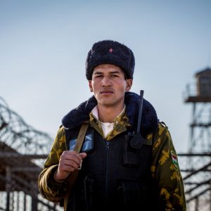 A Tajik border guard at the Panji Poyon (Lower Panj) border checkpoint in Khatlon region in Tajikistan.