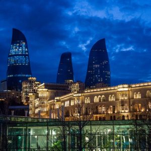 A view of the Flame Towers from the Caspian Sea embankment