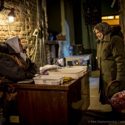 Believers during Easter mass in destroyed Orthodox church in Petrovskiy district of Donetsk