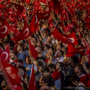 Thousands of red flags fly over Taksim square in Istanbul as Pro-government supporters celebrate failed coup attempt. Turkey