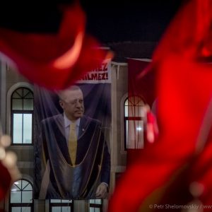 Five-meter tall image of President Erdogan hangs on the wall of his house in Uskudar district of Istanbul, Turkey. Pro-Erdogan crowd waves flags and chants until early morning during the celebrations of the failed coup attempt