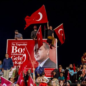 A billboard with the image of the Turkish president is mounted in front of his house in Uskudar district of Istanbul, Turkey. Pro-Erdogan crowd waves flags and chants until early morning during the celebrations of the failed coup attempt